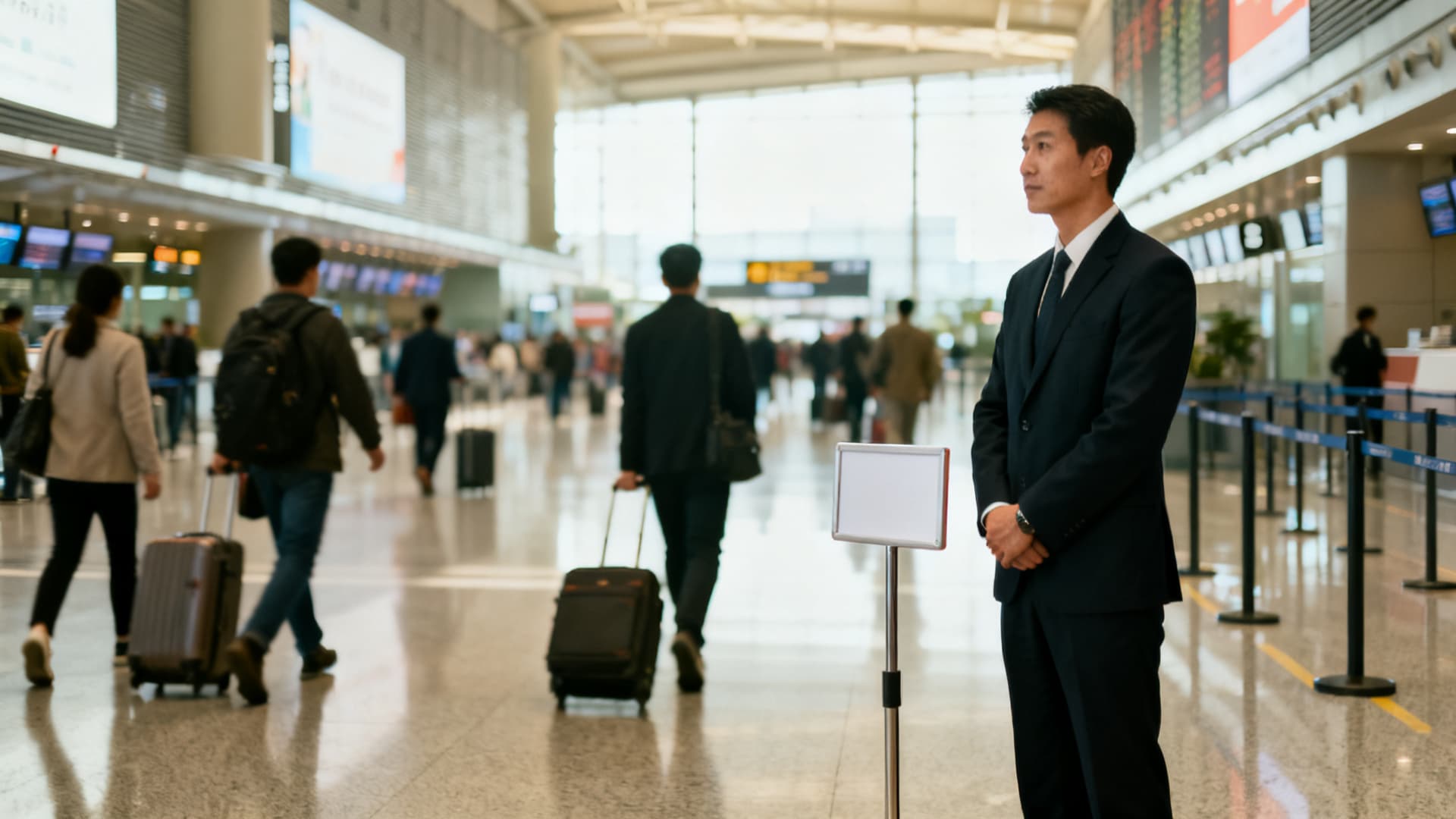 photo: an airport pickup at Pudong, a driver holding a sign