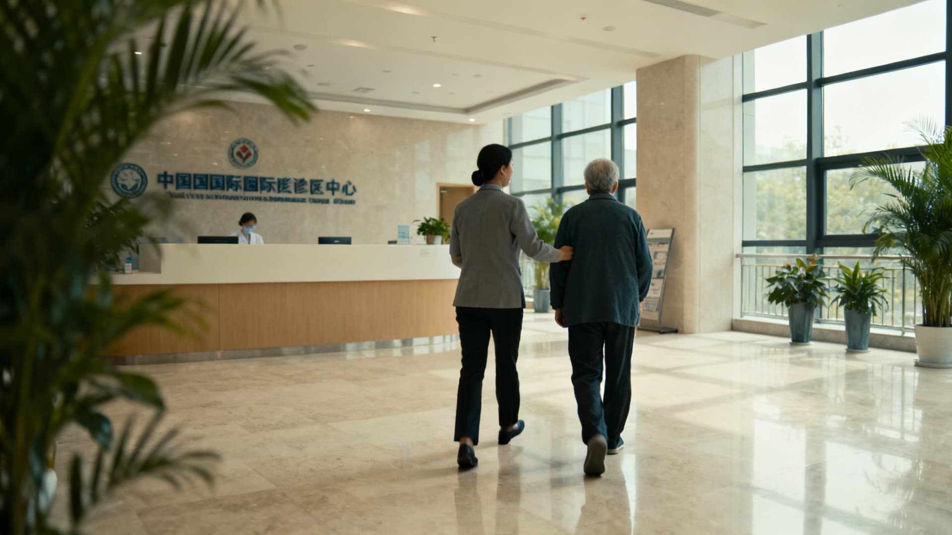 photo: a bright clinic lobby, the companion and the patient