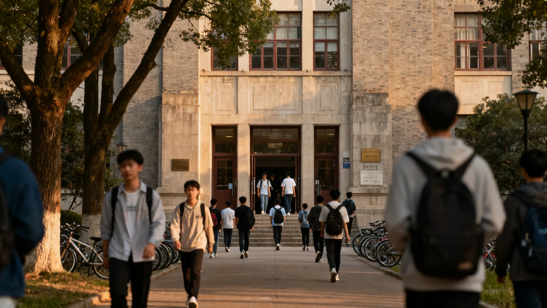 photo: a university campus, students at the entrance