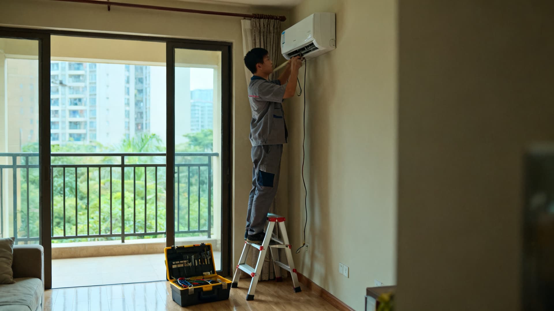 photo: a technician installing an air conditioner in a flat