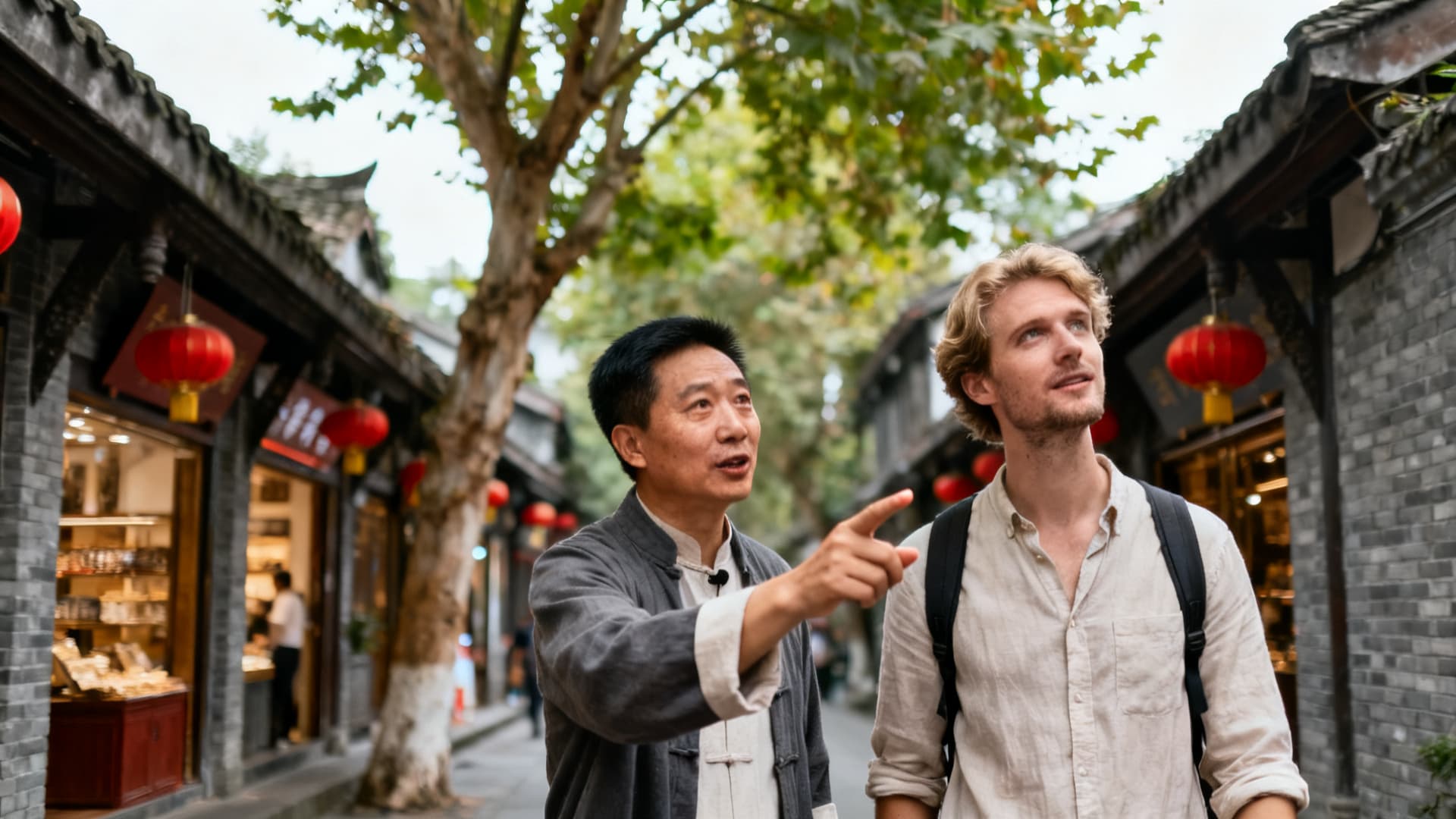 photo: a Chengdu street, a guide and a client