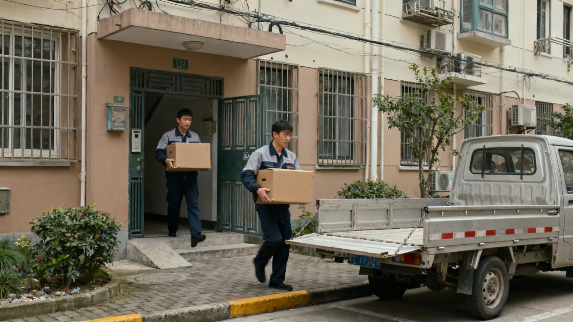 photo: movers carrying boxes out of the building