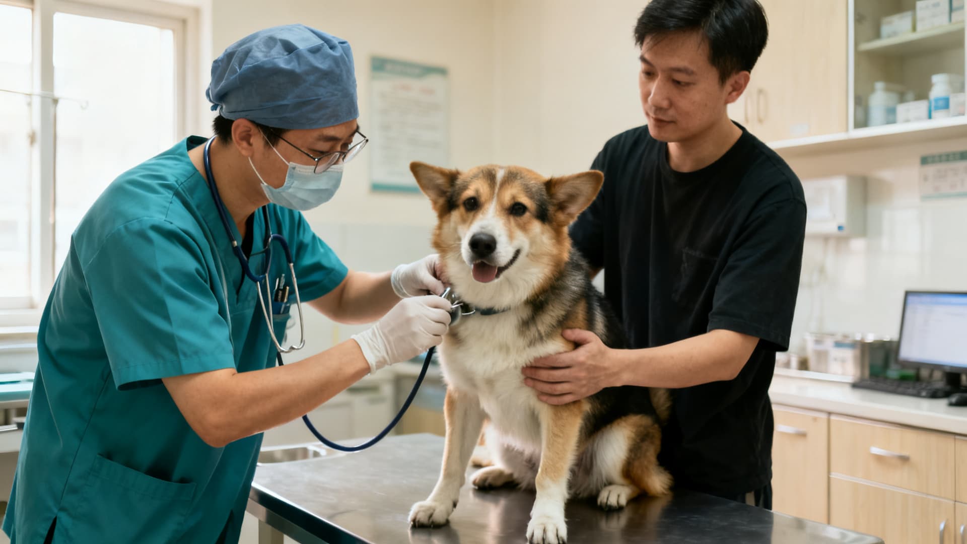 photo: a dog at the vet, the doctor and the owner