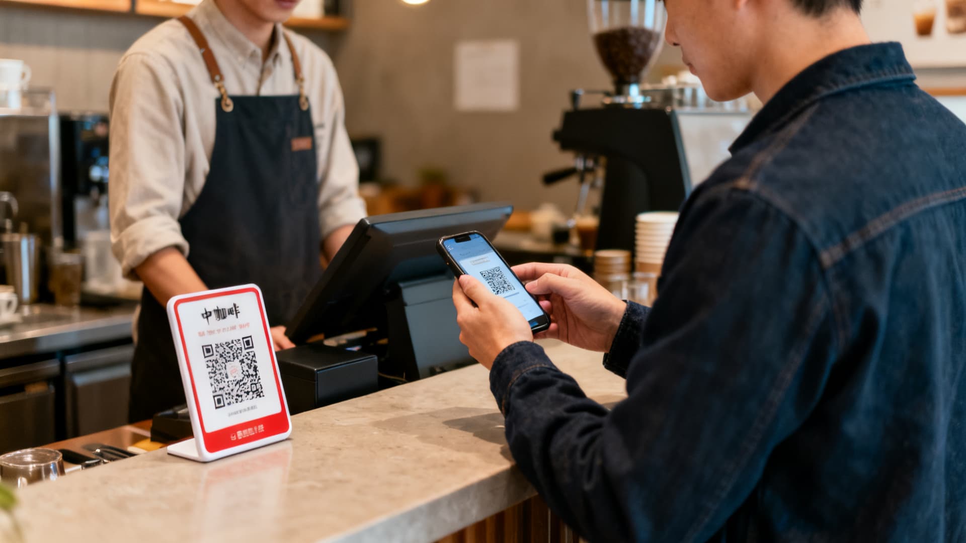 фото: оплата по QR-коду на кассе кофейни