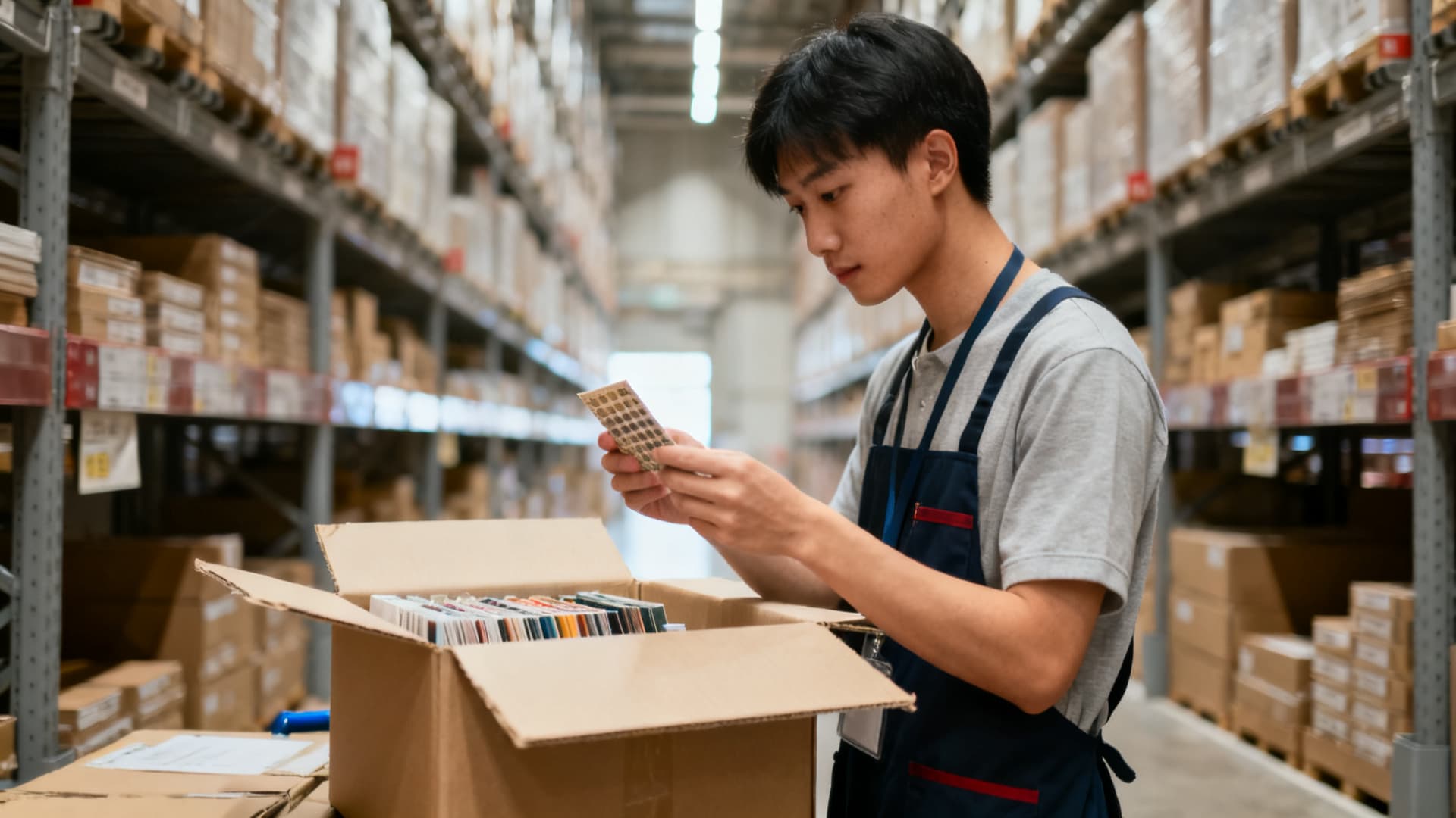 photo: an assistant inspecting samples at a warehouse