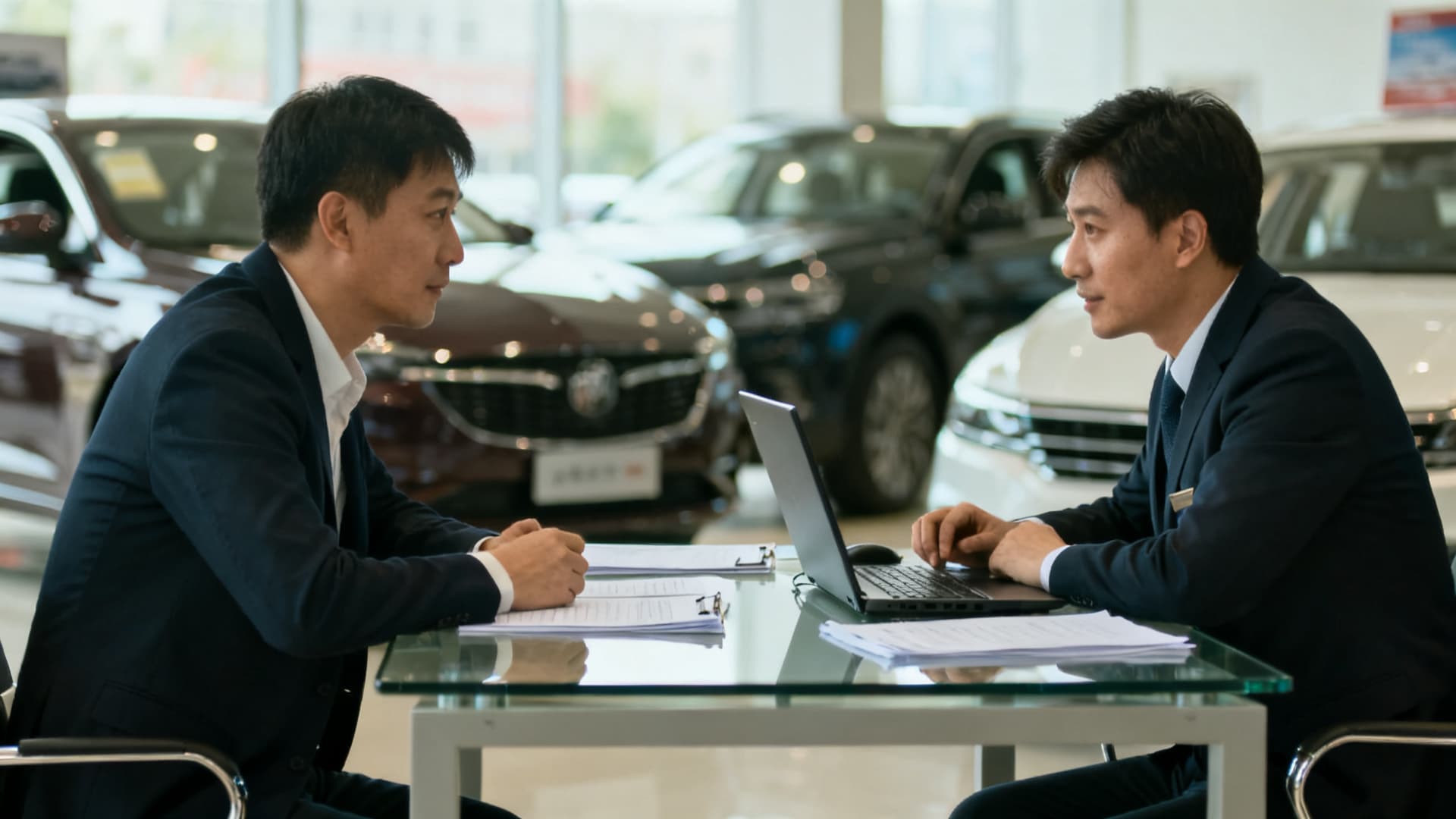 photo: a dealership, paperwork being signed