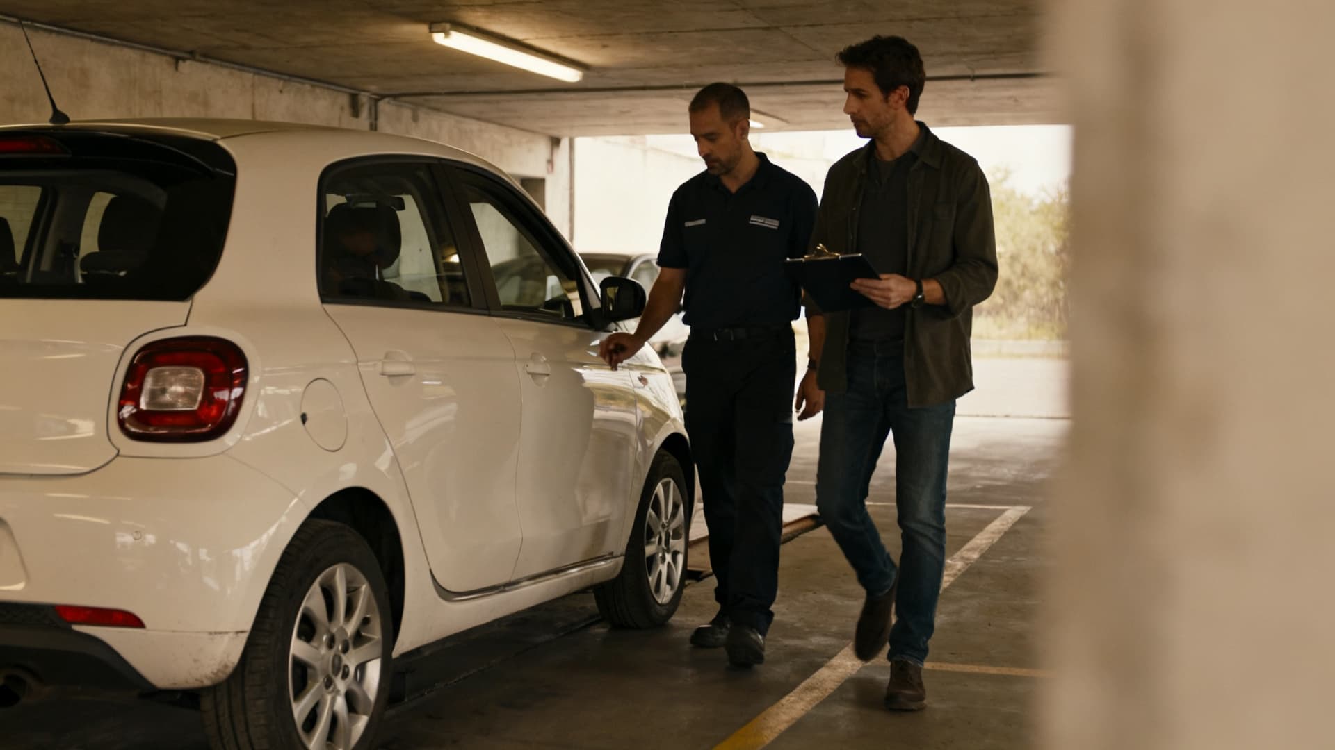 photo: a rental desk, the car being checked before handover