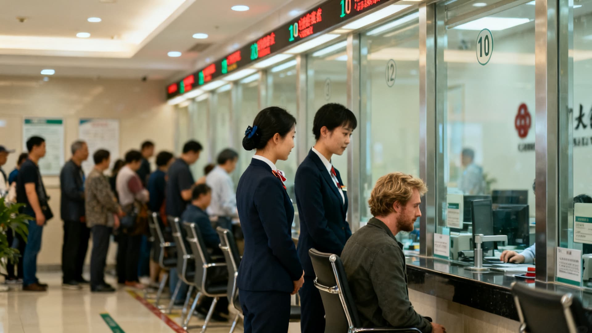 photo: a queue in a bank branch, the concierge and the client at the desk