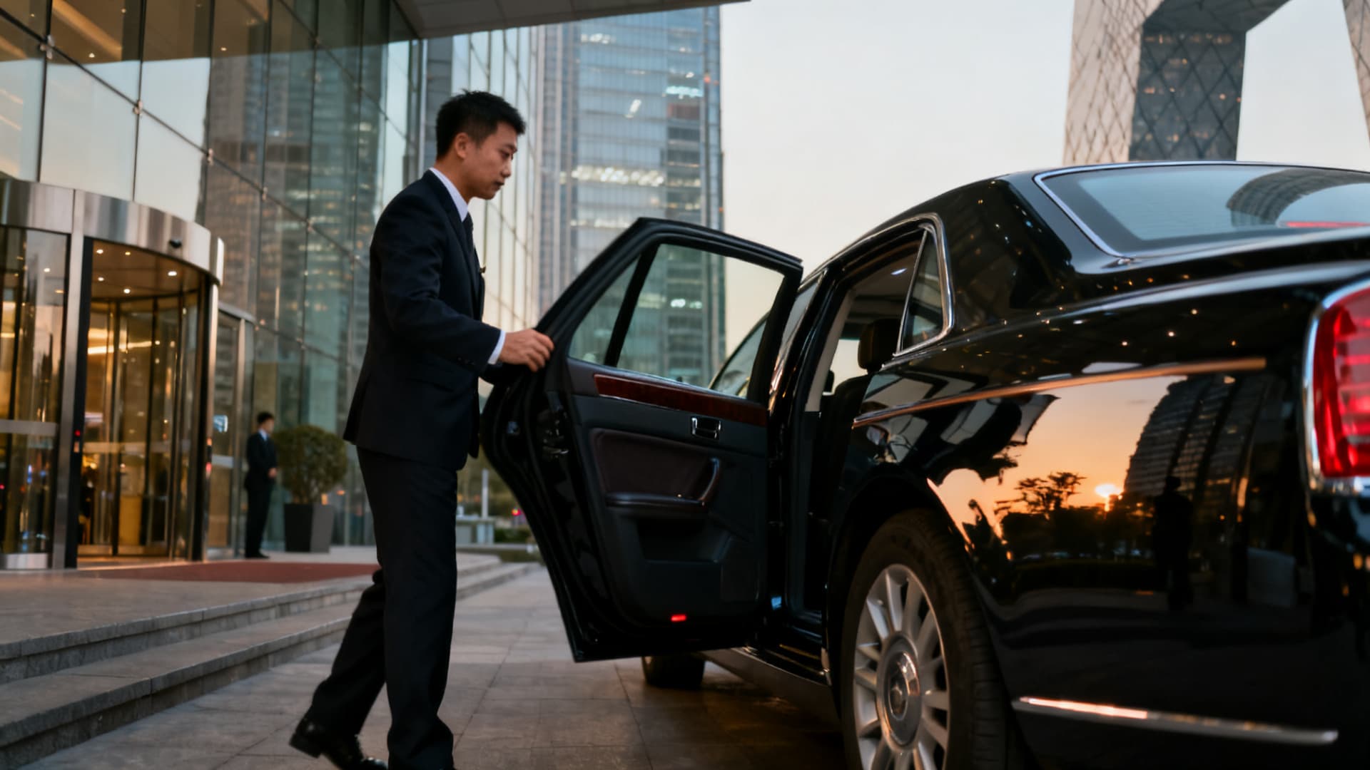 photo: a driver opening the car door outside an office building