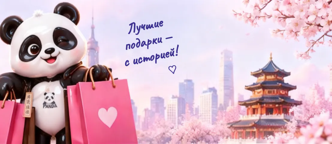 Панда с пакетами на фоне китайского города