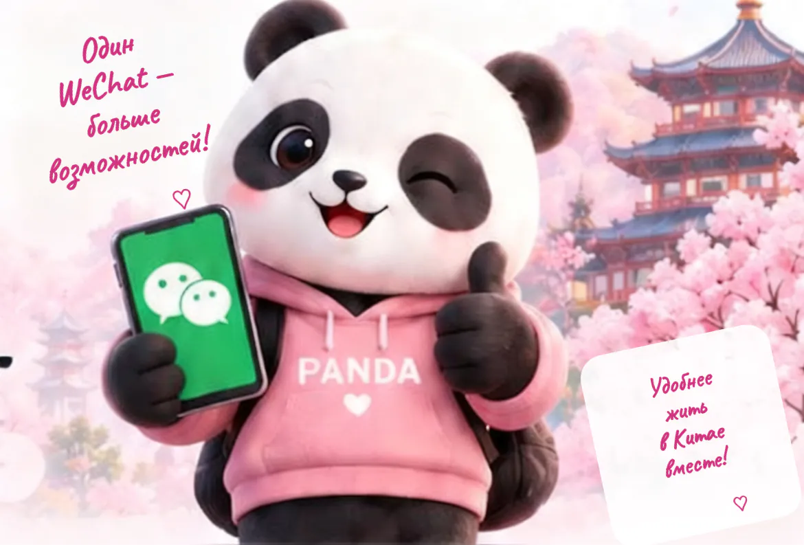 Панда PANDA в розовом худи на фоне Китая